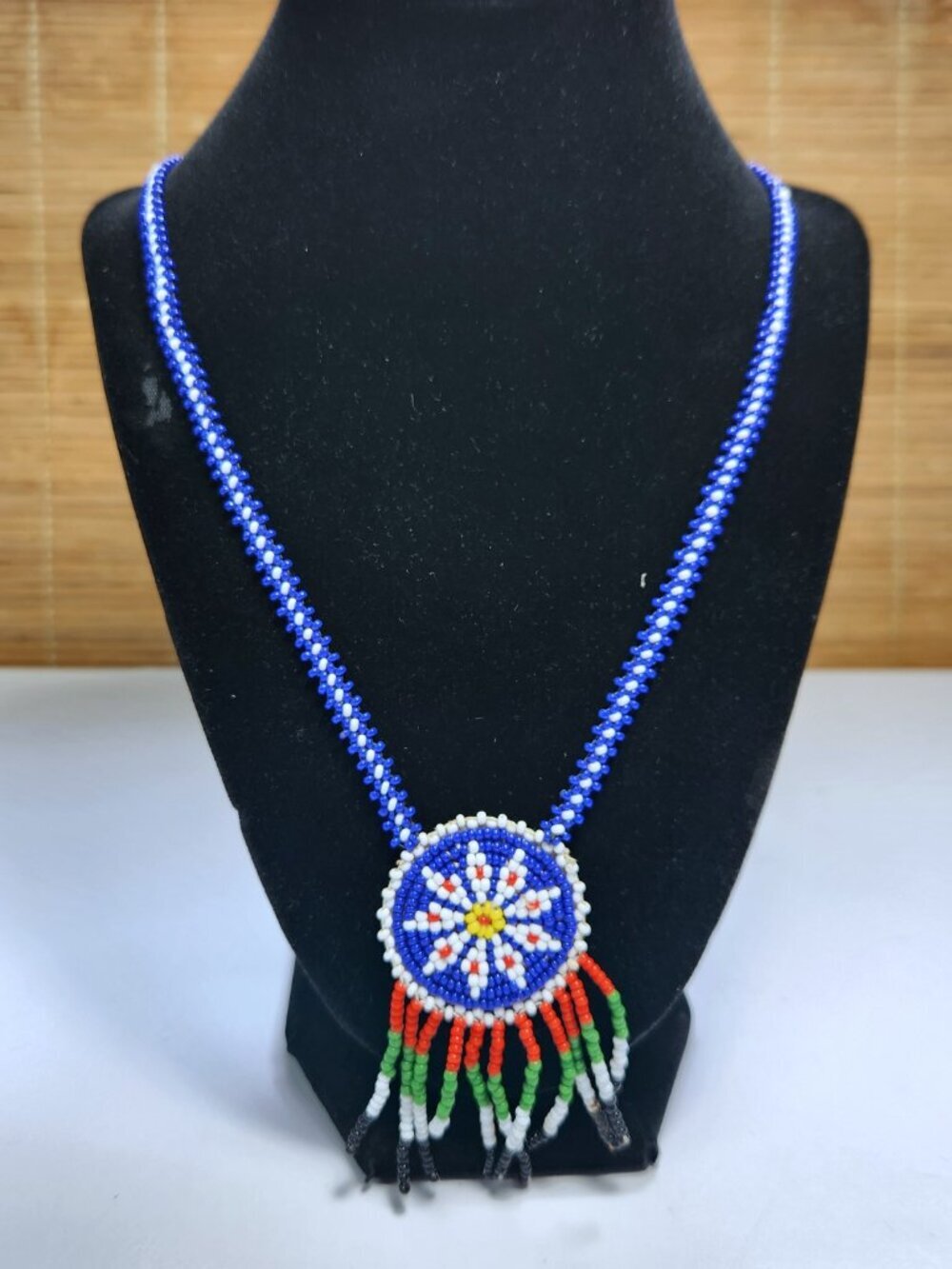 Vintage Seed Bead Medallion Necklace Cobalt Blue Starburst Boho Fringe